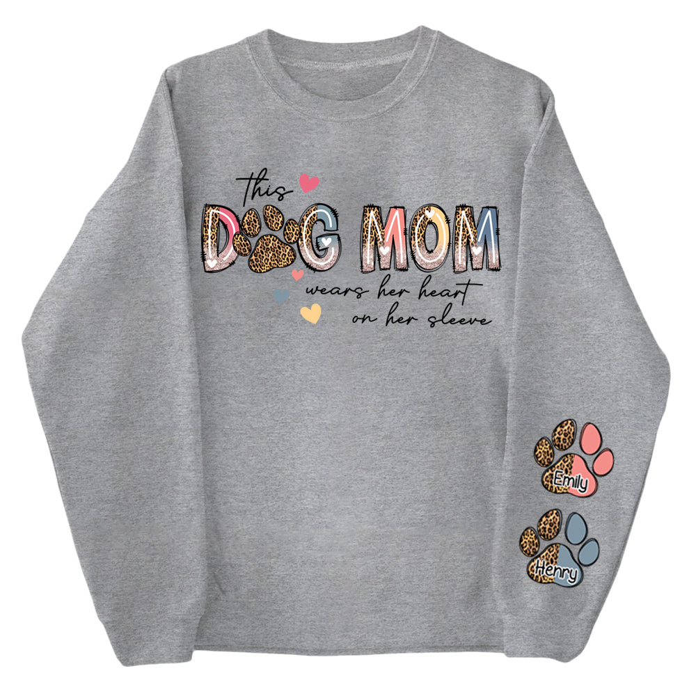 This Dog Mom Wears Her Heart On Her Sleeve Shirt, Dog Paw Shirt, Custom Dog Name Shirt, Glitter Dog Mama Shirt, Dog Mom, Dog Lover Shirt