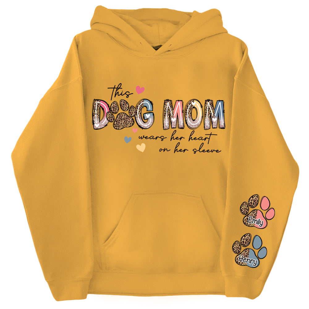 This Dog Mom Wears Her Heart On Her Sleeve Shirt, Dog Paw Shirt, Custom Dog Name Shirt, Glitter Dog Mama Shirt, Dog Mom, Dog Lover Shirt