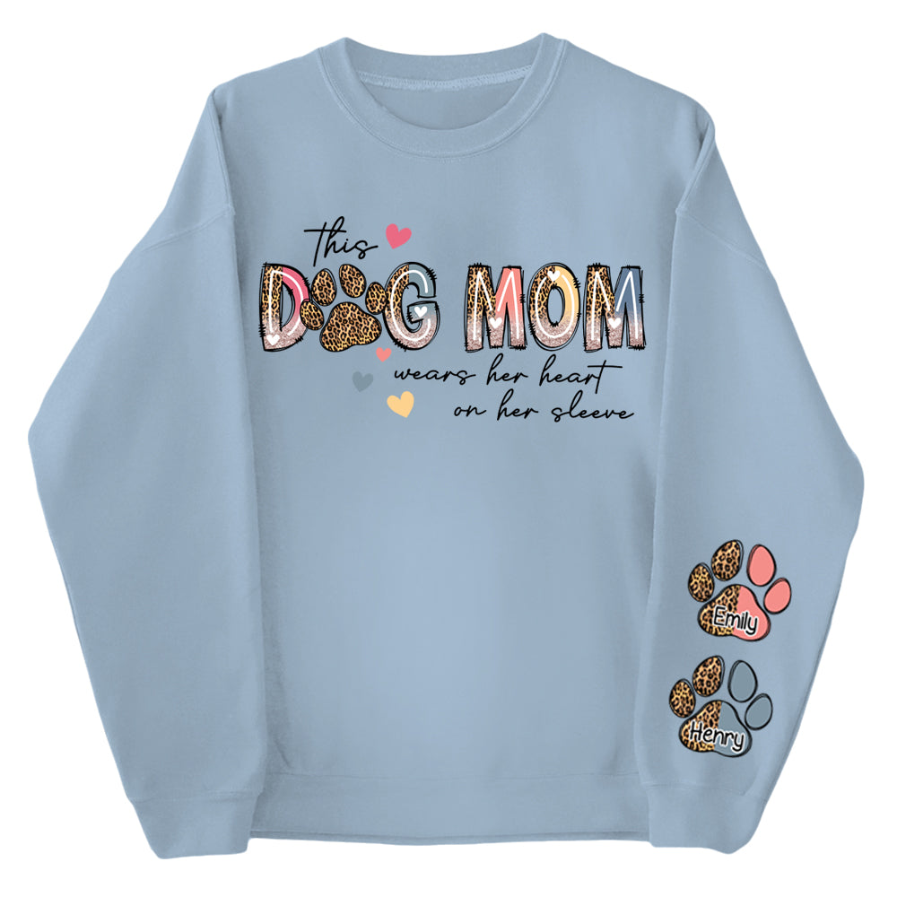 This Dog Mom Wears Her Heart On Her Sleeve Shirt, Dog Paw Shirt, Custom Dog Name Shirt, Glitter Dog Mama Shirt, Dog Mom, Dog Lover Shirt