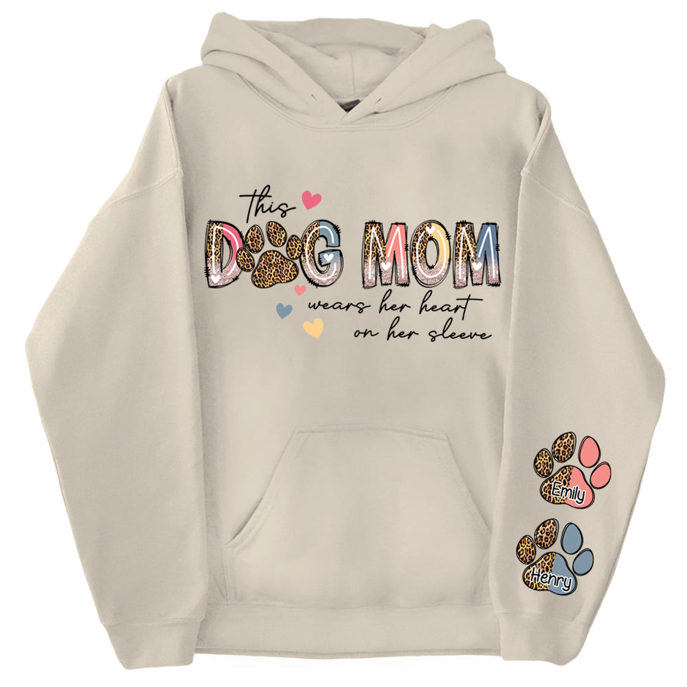 This Dog Mom Wears Her Heart On Her Sleeve Shirt, Dog Paw Shirt, Custom Dog Name Shirt, Glitter Dog Mama Shirt, Dog Mom, Dog Lover Shirt