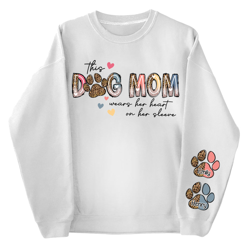 This Dog Mom Wears Her Heart On Her Sleeve Shirt, Dog Paw Shirt, Custom Dog Name Shirt, Glitter Dog Mama Shirt, Dog Mom, Dog Lover Shirt