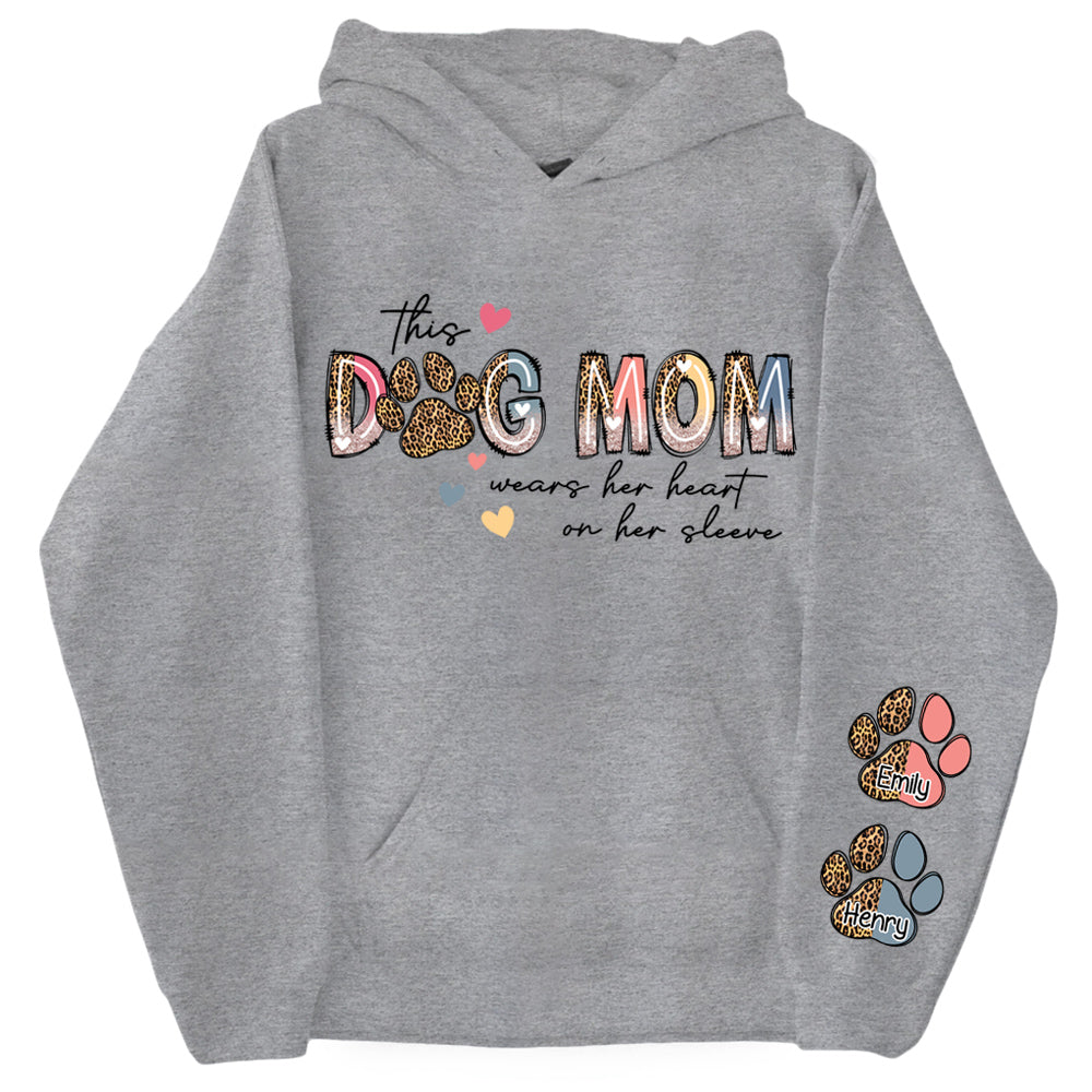 This Dog Mom Wears Her Heart On Her Sleeve Shirt, Dog Paw Shirt, Custom Dog Name Shirt, Glitter Dog Mama Shirt, Dog Mom, Dog Lover Shirt