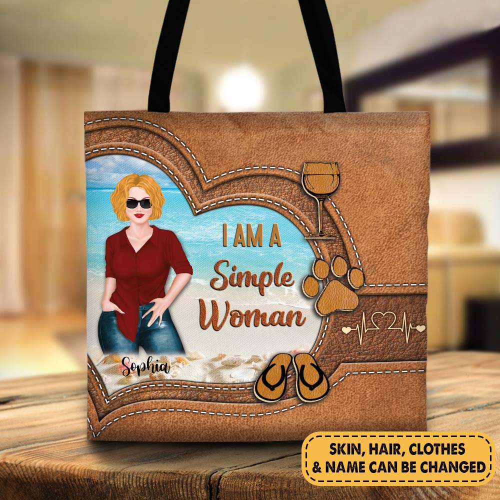 Personalized Tote Bag Gift For Dog Mom - I Am A Simple Woman Paw Print Tote Bag - Custom Tote Bag Gift For Dog Lovers - Leather Pattern Print Tote Bag