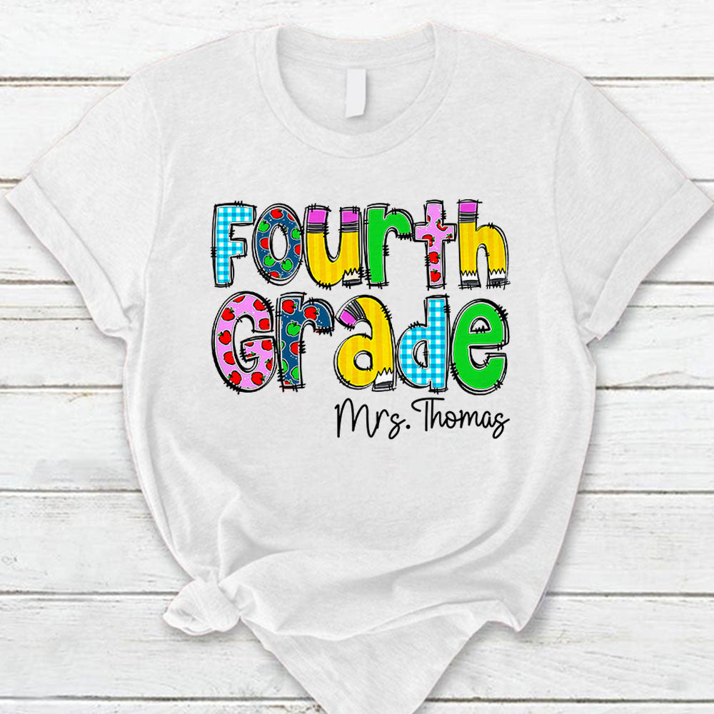 Personalized Fourth Grade Level And Title Shirt Cute Apple Pattern For Teacher Hk10
