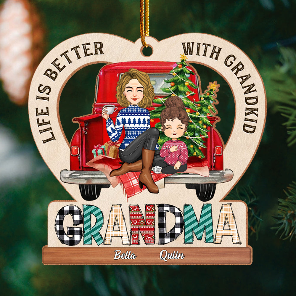 Life Is Better With Grandkids - Grandma Claus Christmas Pattern - Personalized Wooden Ornament