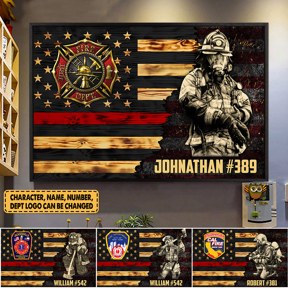 Personalized Poster Canvas For Firefighter Custom Logo Name Number Poster Canvas For Firefighter Half Thin Red Line Fireman H2511