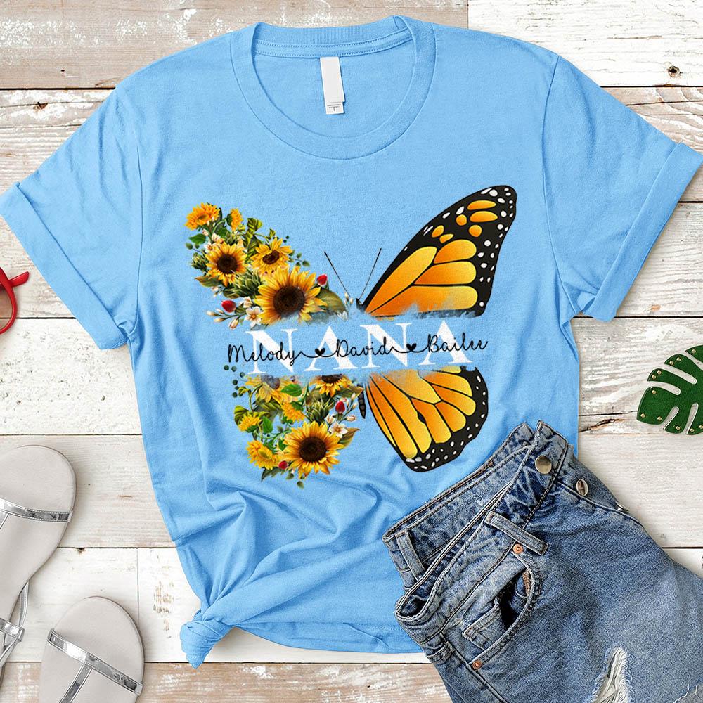 Personalized Nana Butterfly Sunflower Shirt - Custom Nana With Grandkids Names