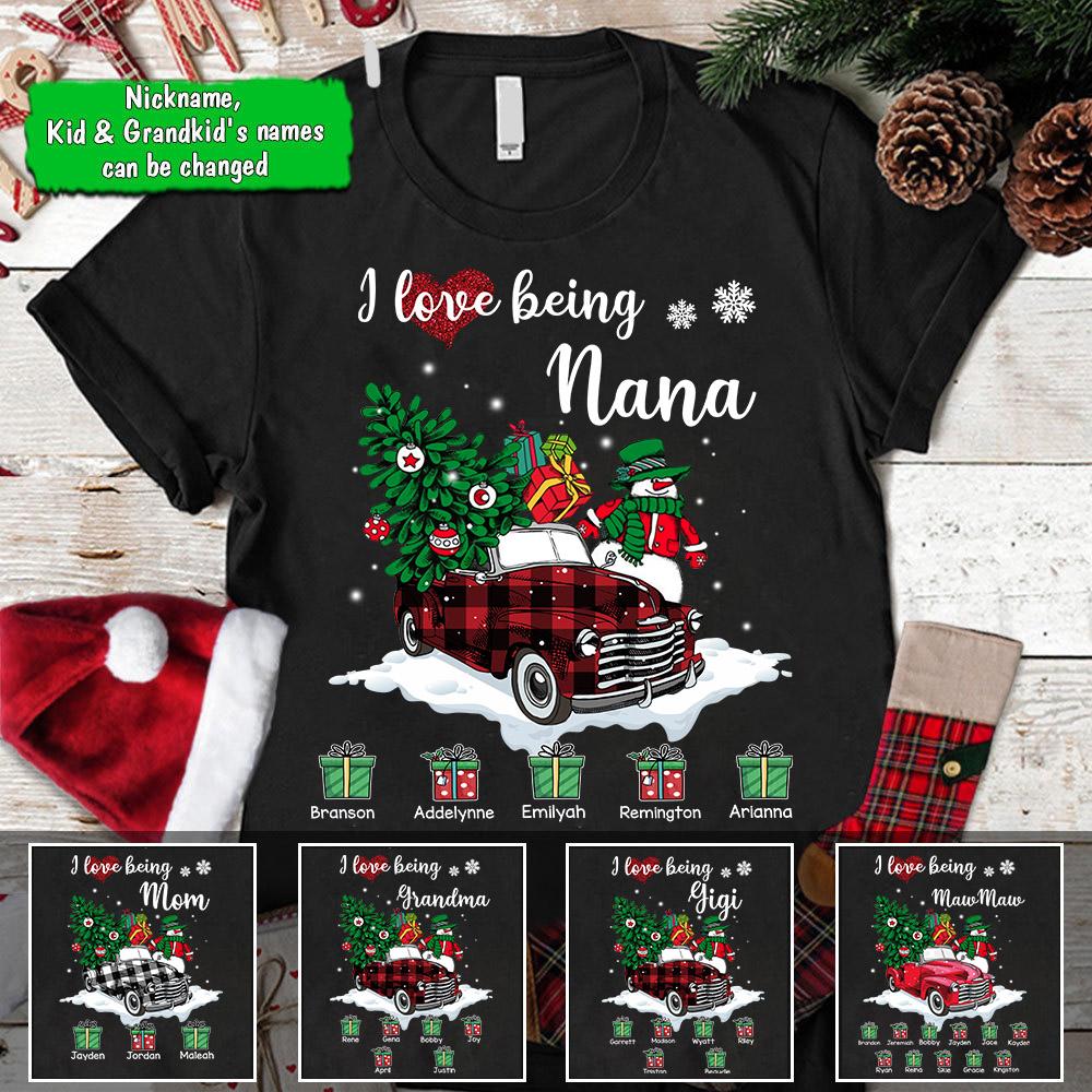 I Love Being Nana Red Truck Buffalo Plaid Shirt, Funny Grandma Nana Mimi Christmas Shirt, Custom Grandma With Grandkids Name Shirt.