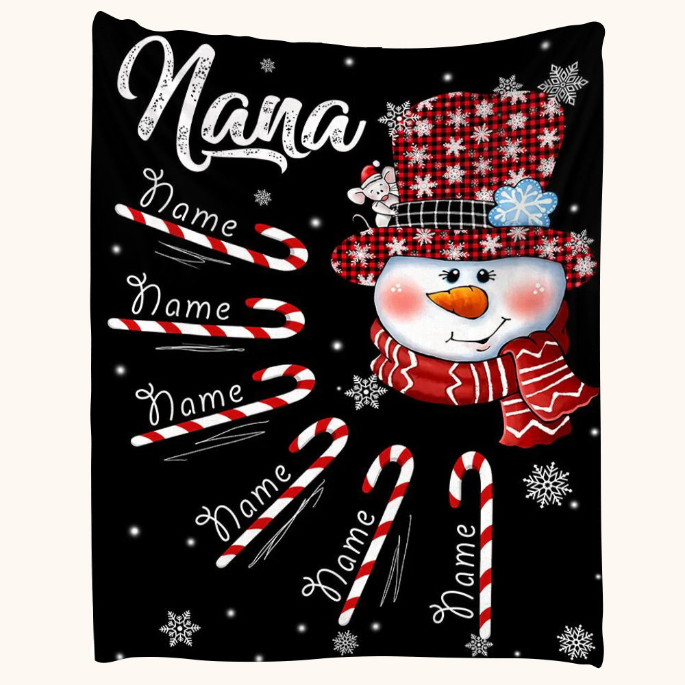 Grandma Snowman Candy Cane Christmas With Kids Name Custom Blanket Gift For Grandma