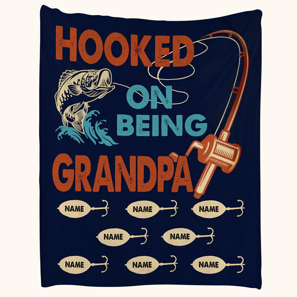 Hooked On Being Grandpa With Grandkids Name Custom Blanket Gift For Grandpa