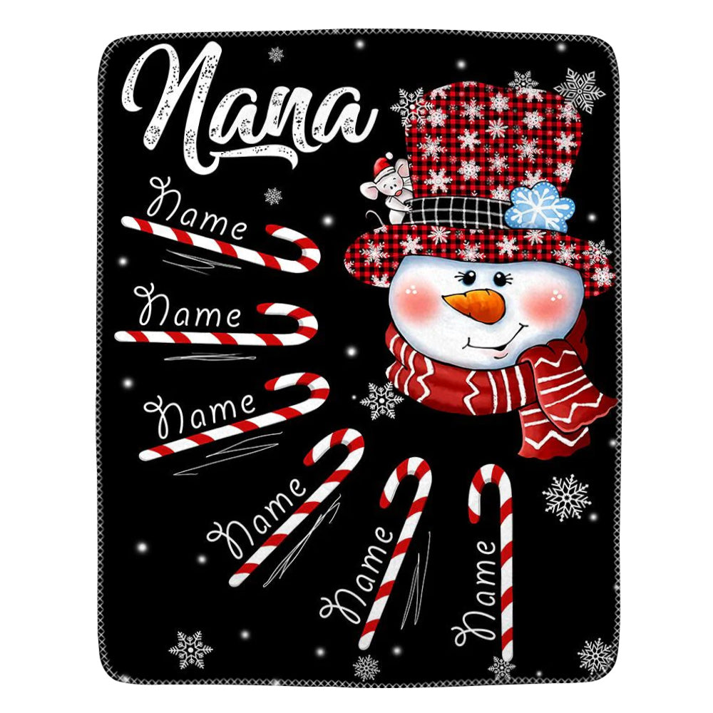 Grandma Snowman Candy Cane Christmas With Kids Name Custom Blanket Gift For Grandma