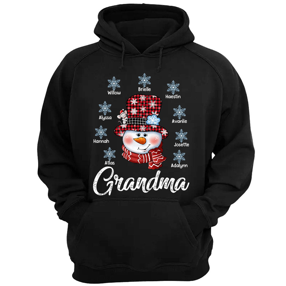 Grandma Snowman And Snowflakes Winter Christmas T-Shirt, Funny Grandma Nana Mimi Christmas Shirt, Custom Grandma With Grandkids Name Shirt