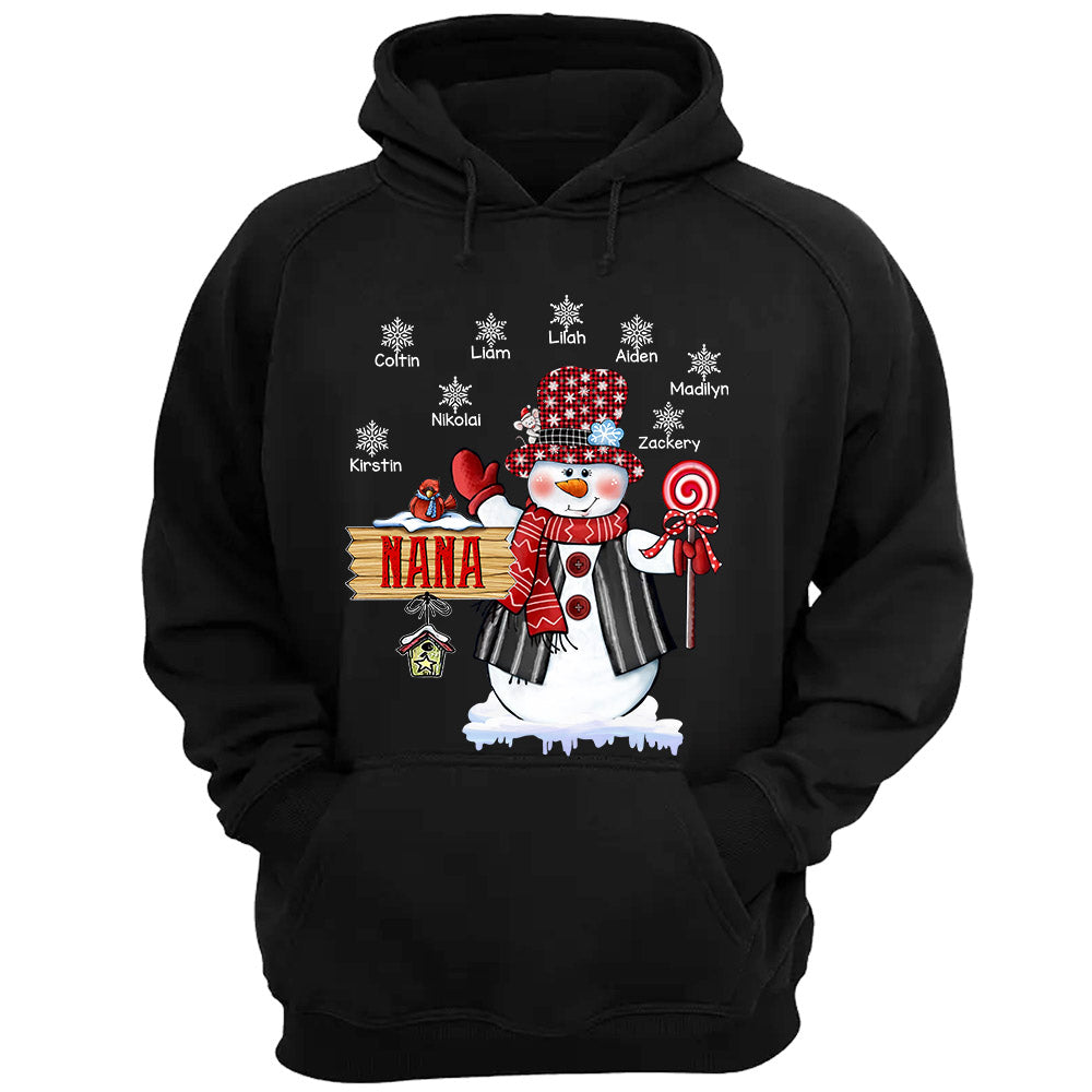 Personalized Nana Snowman With Snowflake Christmas Shirt Funny Nana With Grandkids Name Christmas Shirt