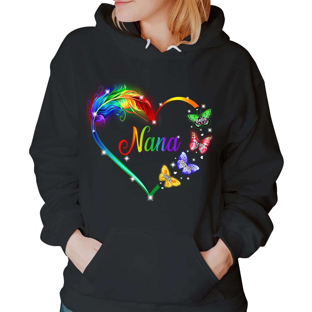 Personalized Nana Butterflies Colorful Heart Custom Shirt Nana With Grandkids Names