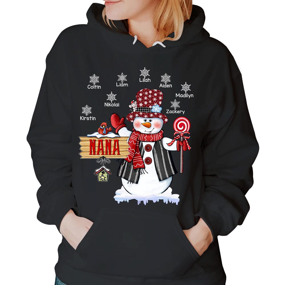 Personalized Nana Snowman With Snowflake Christmas Shirt Funny Nana With Grandkids Name Christmas Shirt