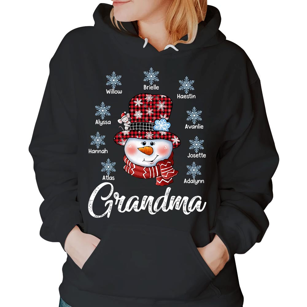 Grandma Snowman And Snowflakes Winter Christmas T-Shirt, Funny Grandma Nana Mimi Christmas Shirt, Custom Grandma With Grandkids Name Shirt