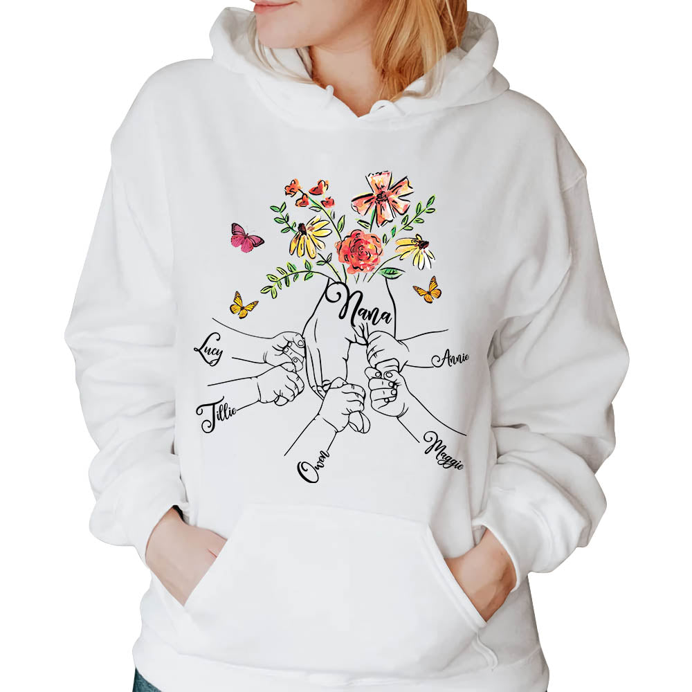 Personalized Holding Grandkids And Nana Hands Flower Butterfly Shirts For Grandma T-Shirt Hoodie Sweatshirt