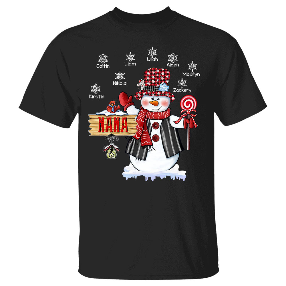 Personalized Nana Snowman With Snowflake Christmas Shirt Funny Nana With Grandkids Name Christmas Shirt