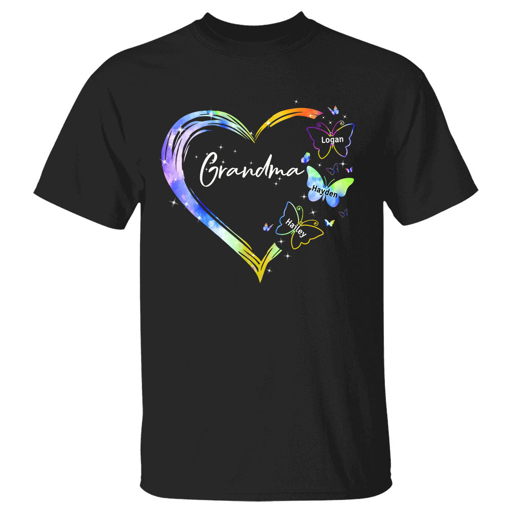 Grandma With Grandkid's Name Shirt, Heart Floral Butterflies Shirts Gift For Grandmas