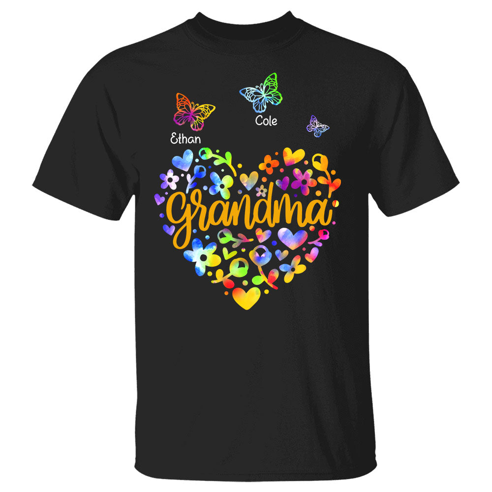 Personalized Grandma Colorful Flower Heart With Butterflies Shirt For Grandma