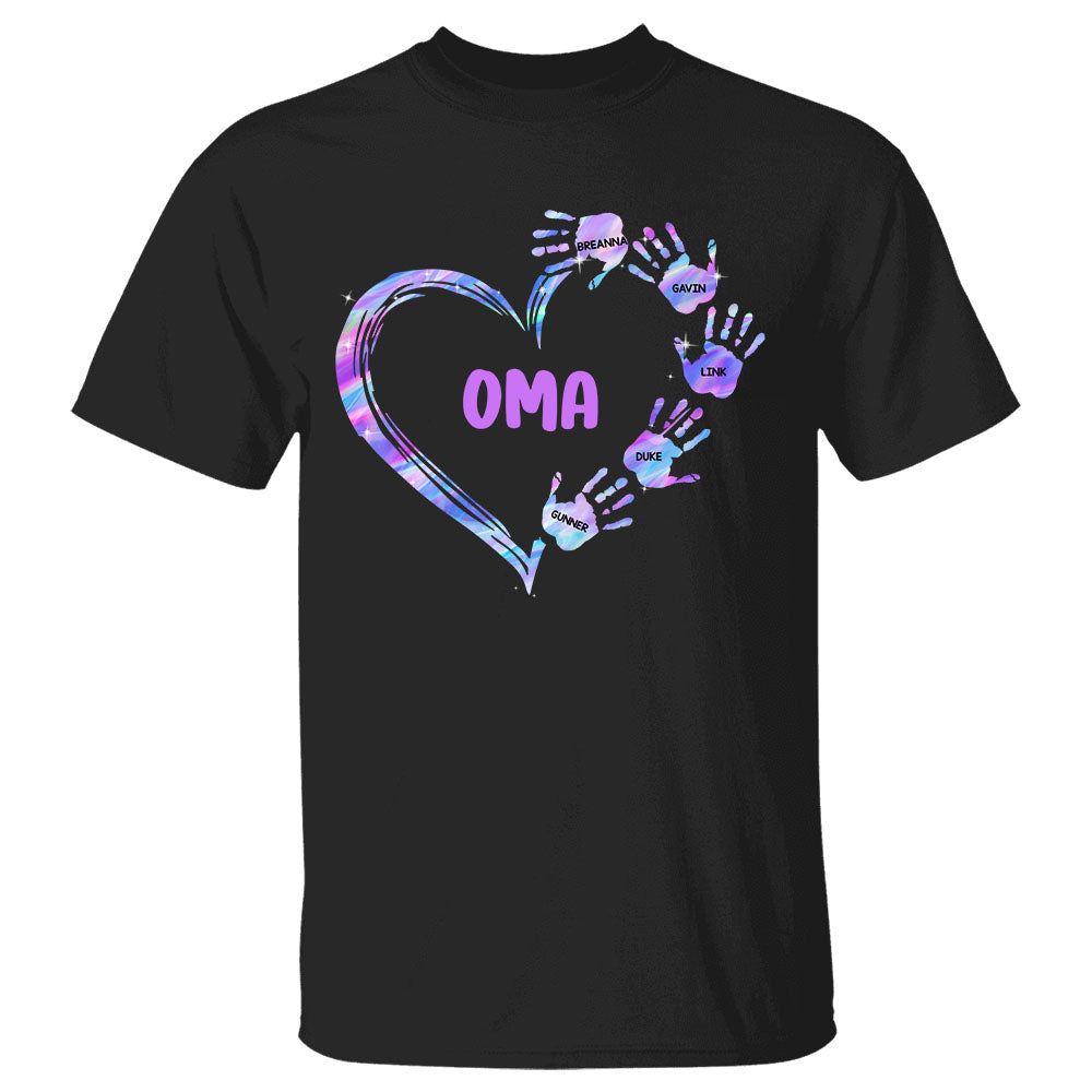 Personalized Hologram Heart With Hands Print Shirts For Oma