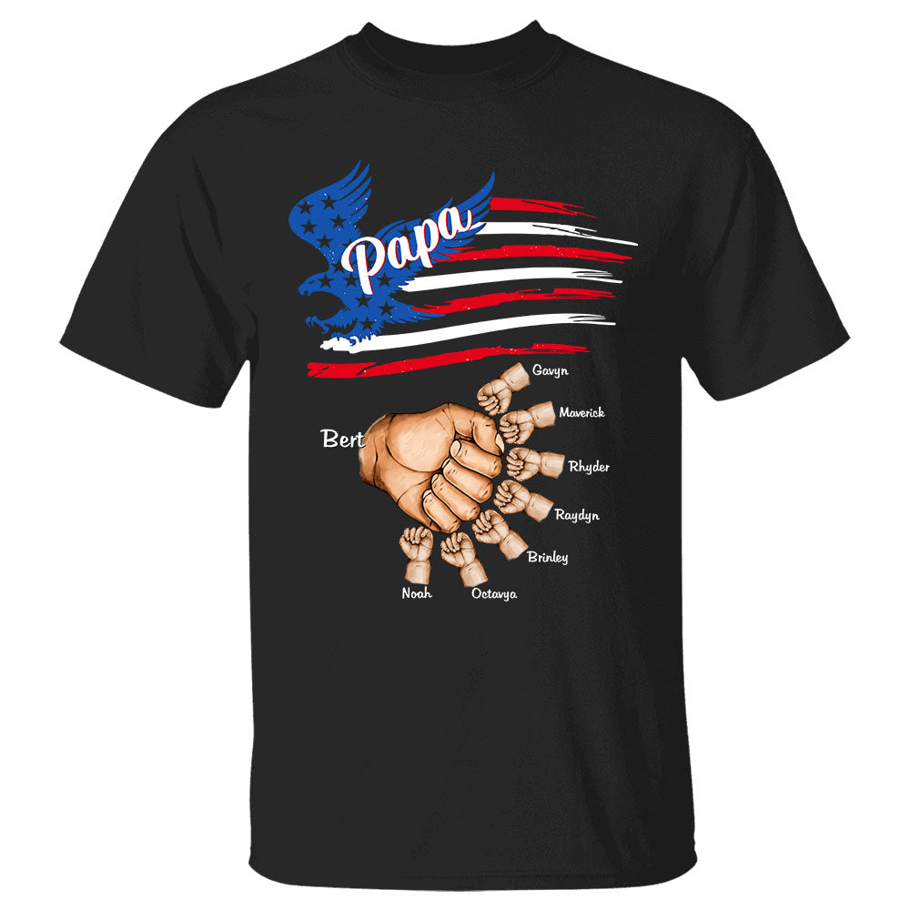 Personalized Papa Grandkids Flag Hands T-Shirt For Grandpa Papa