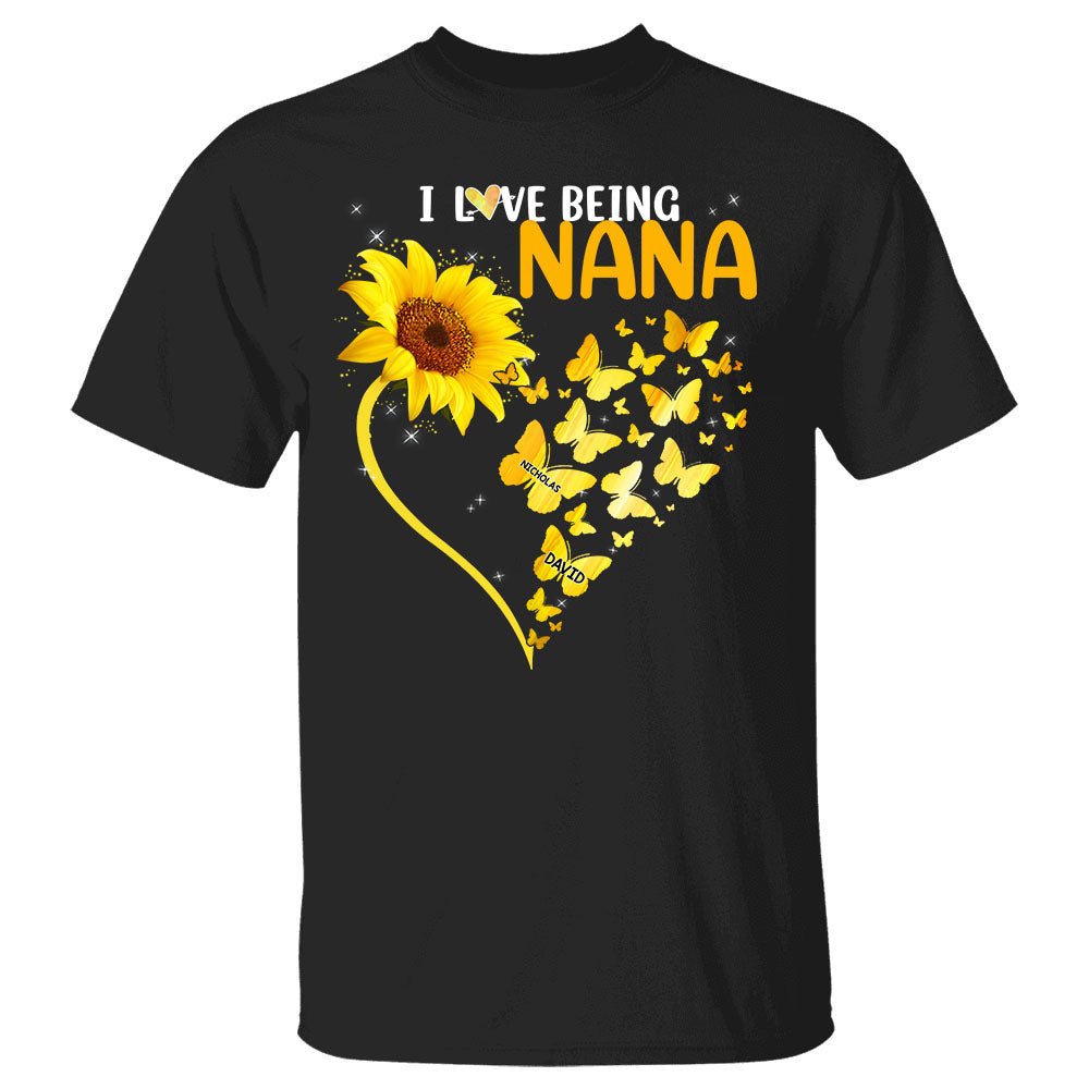Personalized I Love Being Nana Heart Butterflies With Sunflower Shirt For Grandma