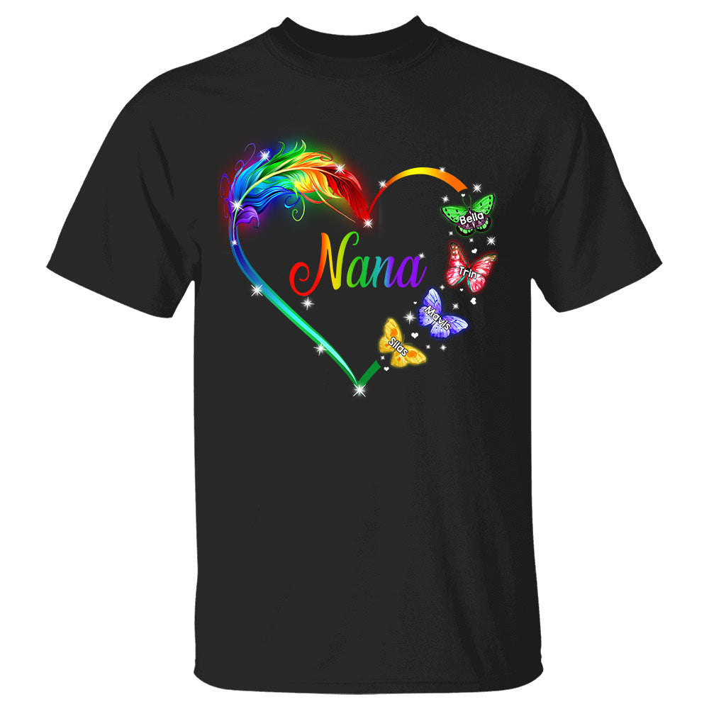 Personalized Nana Butterflies Colorful Heart Custom Shirt Nana With Grandkids Names