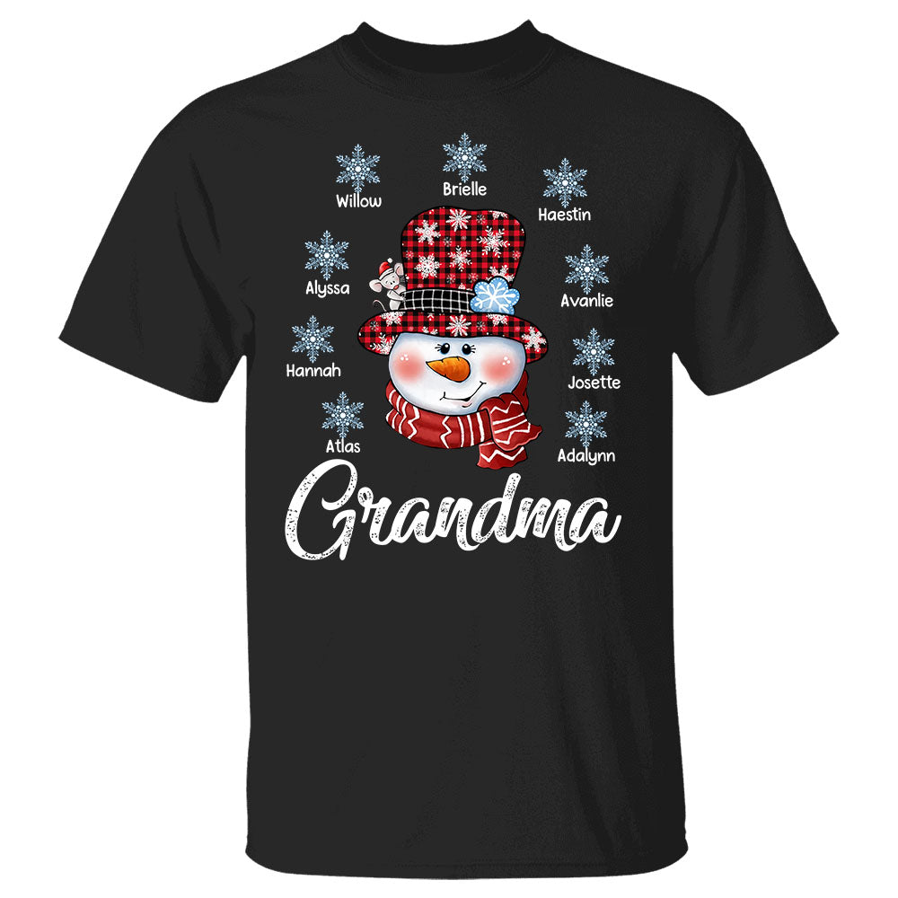 Grandma Snowman And Snowflakes Winter Christmas T-Shirt, Funny Grandma Nana Mimi Christmas Shirt, Custom Grandma With Grandkids Name Shirt