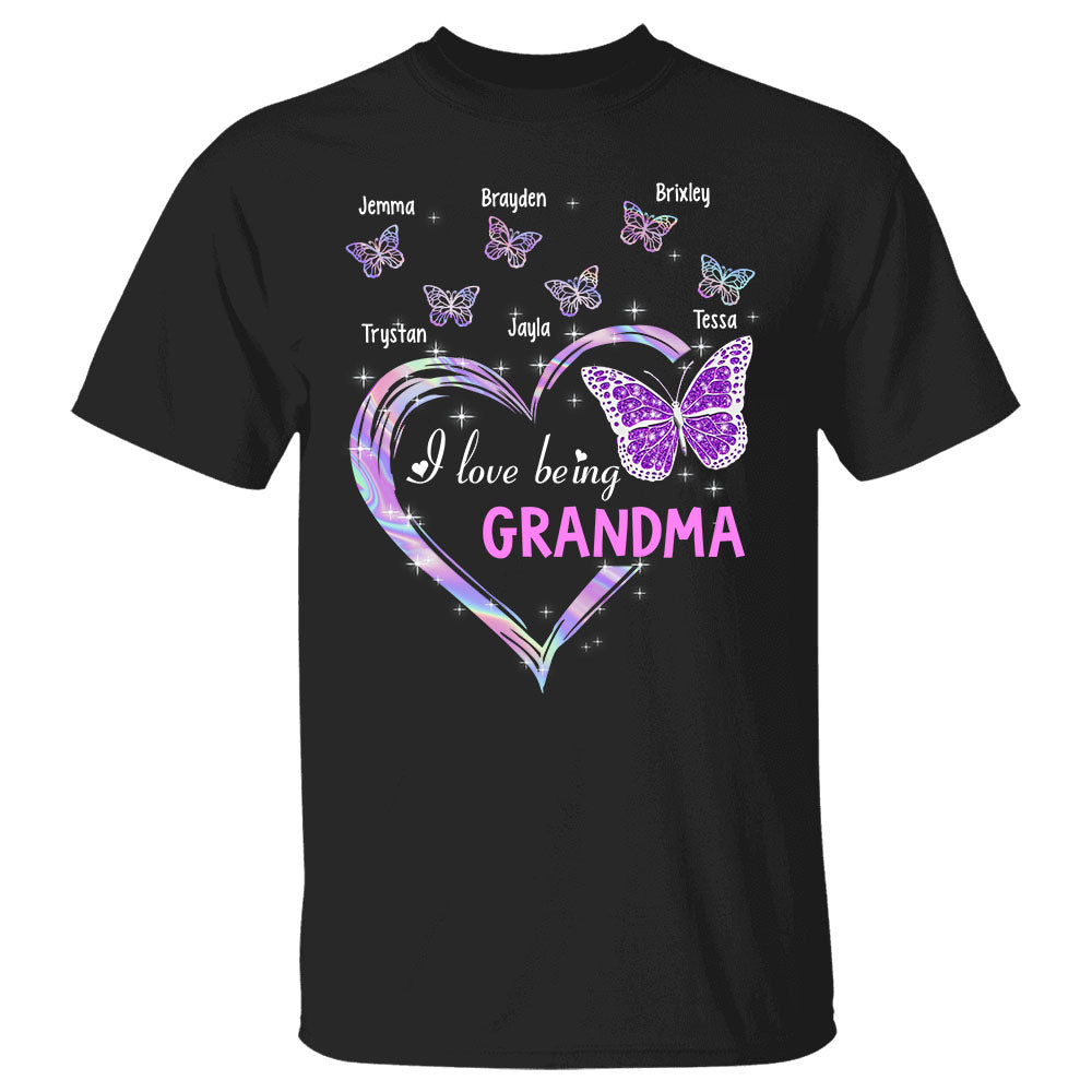 Personalized I Love Being Nana Heart With Butterflies Shirt, Funny Grandma Nana Shirts, Custom Grandma With Grandkids Name Shirt