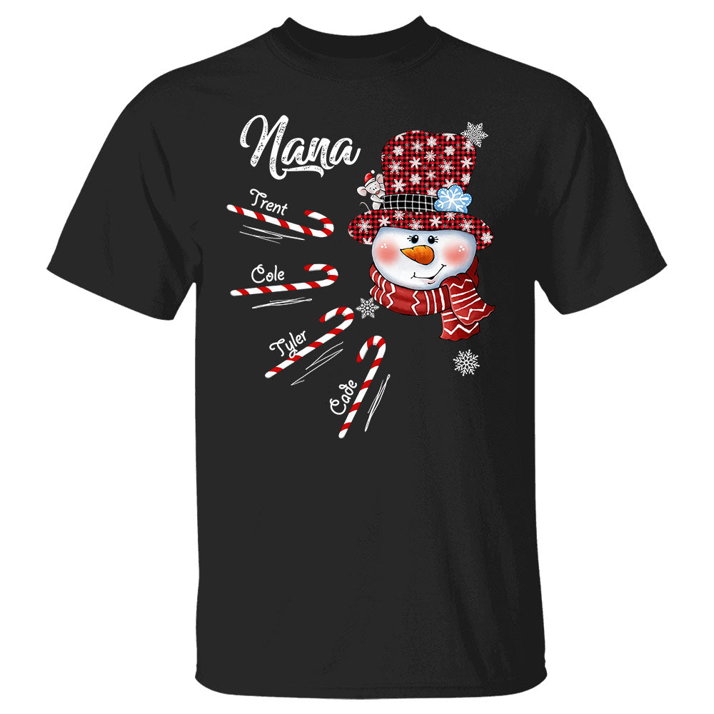 Personalized Nana Snowman Candy Cane Shirt With Grandkids Name, Grandma Nana Christmas Gift