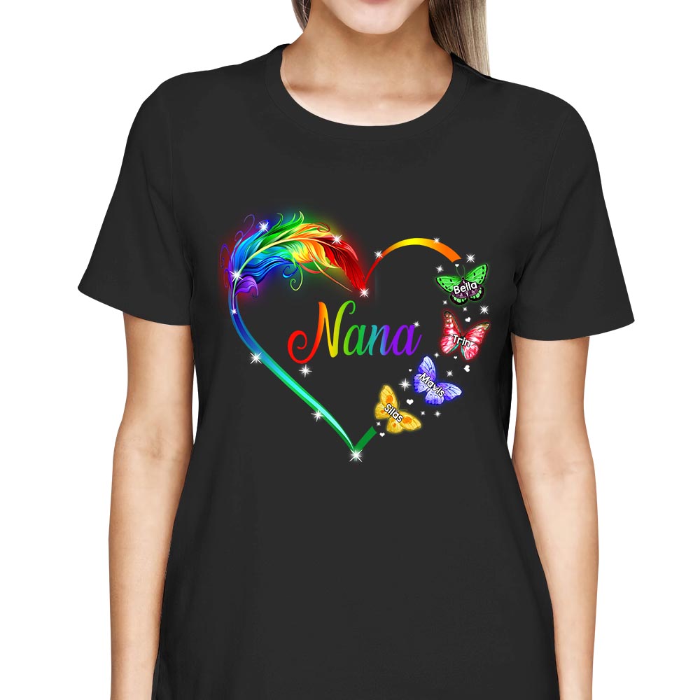 Personalized Nana Butterflies Colorful Heart Custom Shirt Nana With Grandkids Names