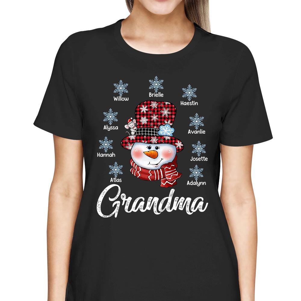 Grandma Snowman And Snowflakes Winter Christmas T-Shirt, Funny Grandma Nana Mimi Christmas Shirt, Custom Grandma With Grandkids Name Shirt