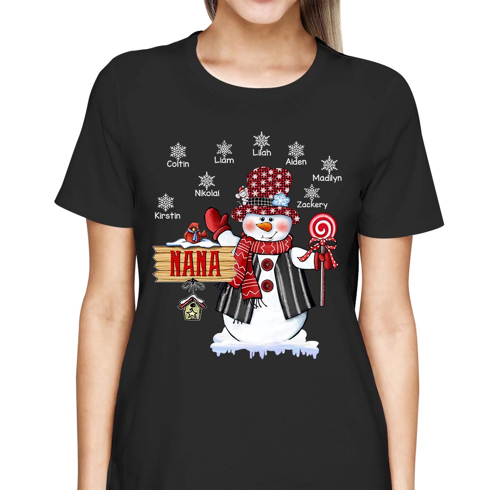 Personalized Nana Snowman With Snowflake Christmas Shirt Funny Nana With Grandkids Name Christmas Shirt