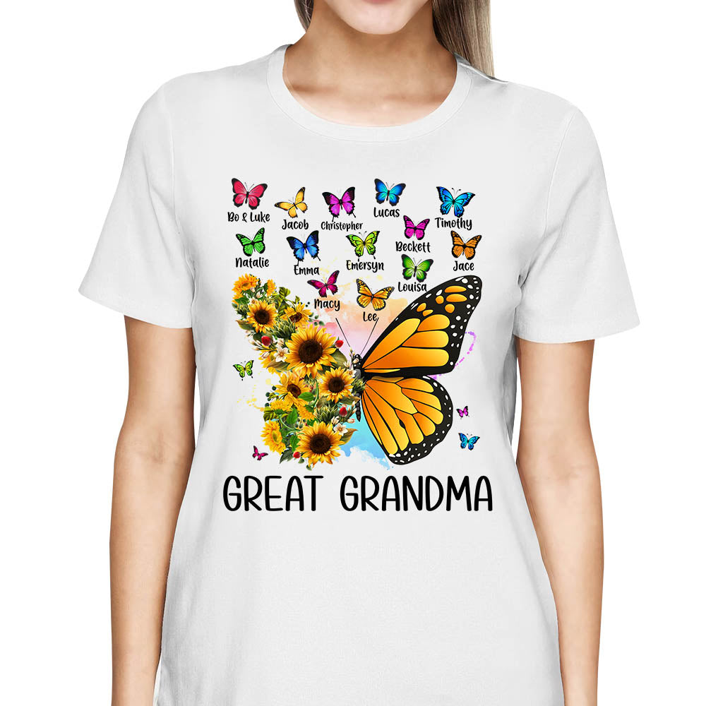 Personalized Butterfly Sunflower Shirt For Grandma - Custom Grandma Nickname With Grandkids Name Shirts