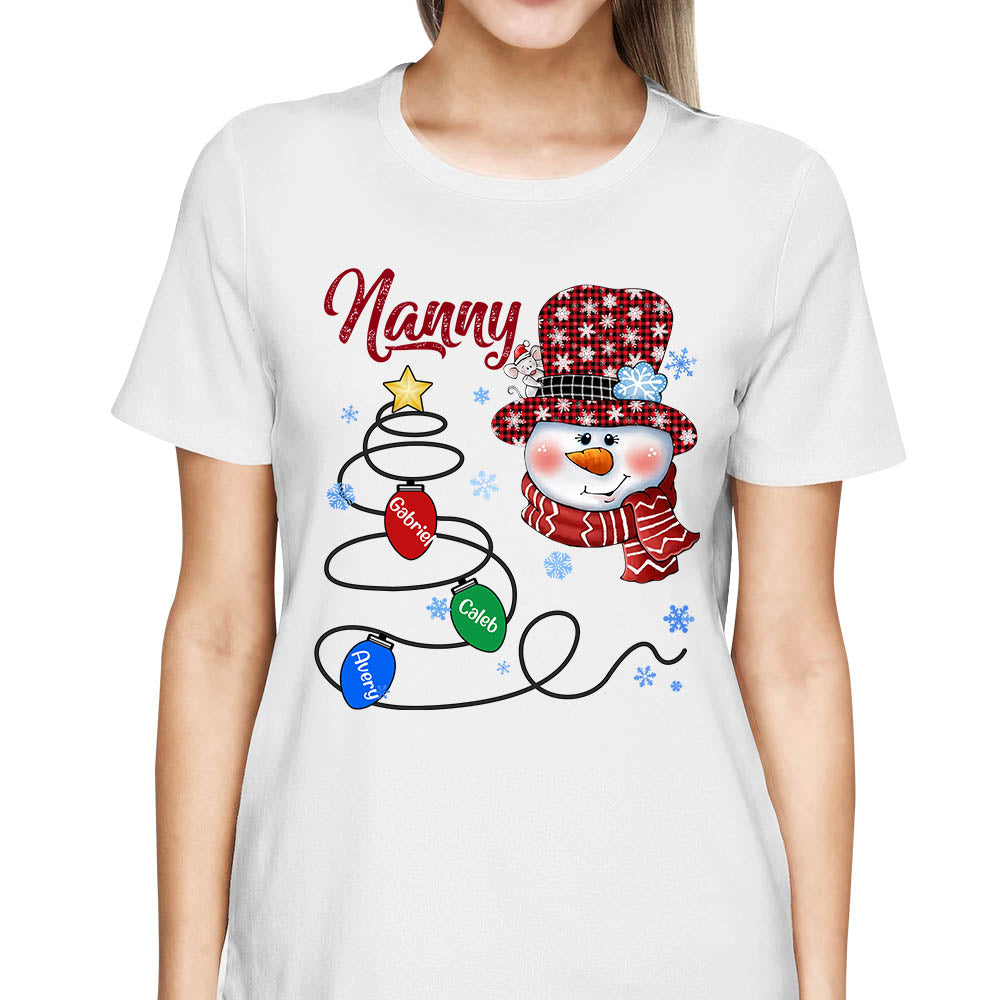 Mimi Snowman Christmas Lights Tree Shirt, Funny Grandma Nana Mimi Christmas Shirt, Custom Mimi With Grandkids Name Shirt