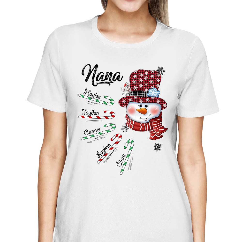 Personalized Grandma Snowman Candy Cane Christmas Shirt, Custom Grandma Nana Mimi Christmas Shirt