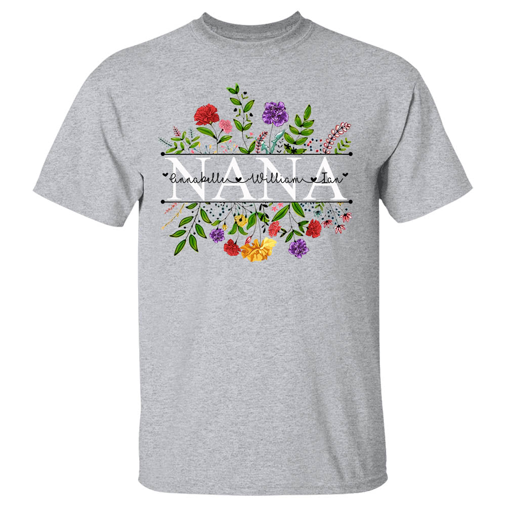 Personalized Nana With Grandkid's Names Carnation Frame Shirt For Grandma