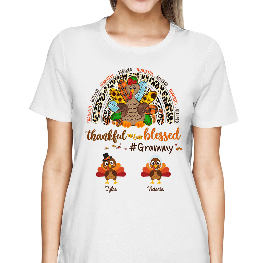 Personalized Grandma Nana Thankgiving Shirt Thankful Blessed Grandma Like Turkey Shirt With Grandkids Name