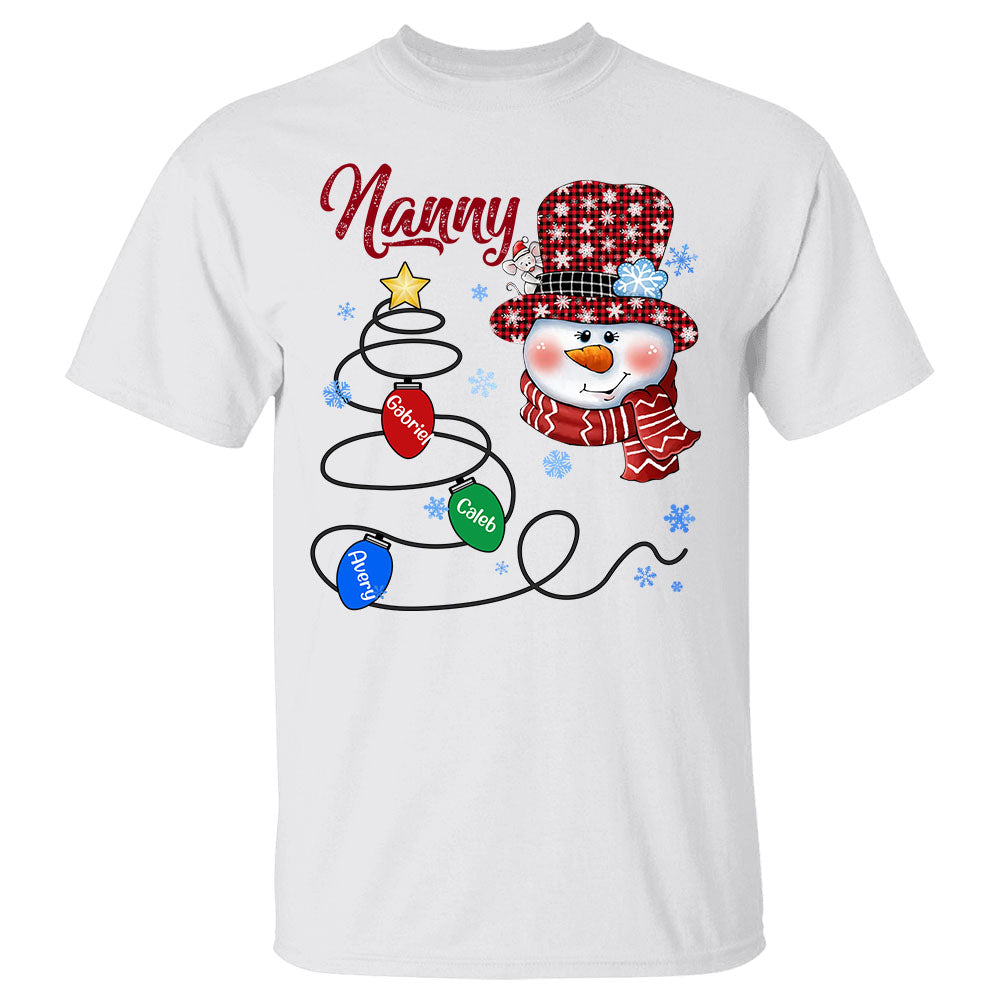 Mimi Snowman Christmas Lights Tree Shirt, Funny Grandma Nana Mimi Christmas Shirt, Custom Mimi With Grandkids Name Shirt