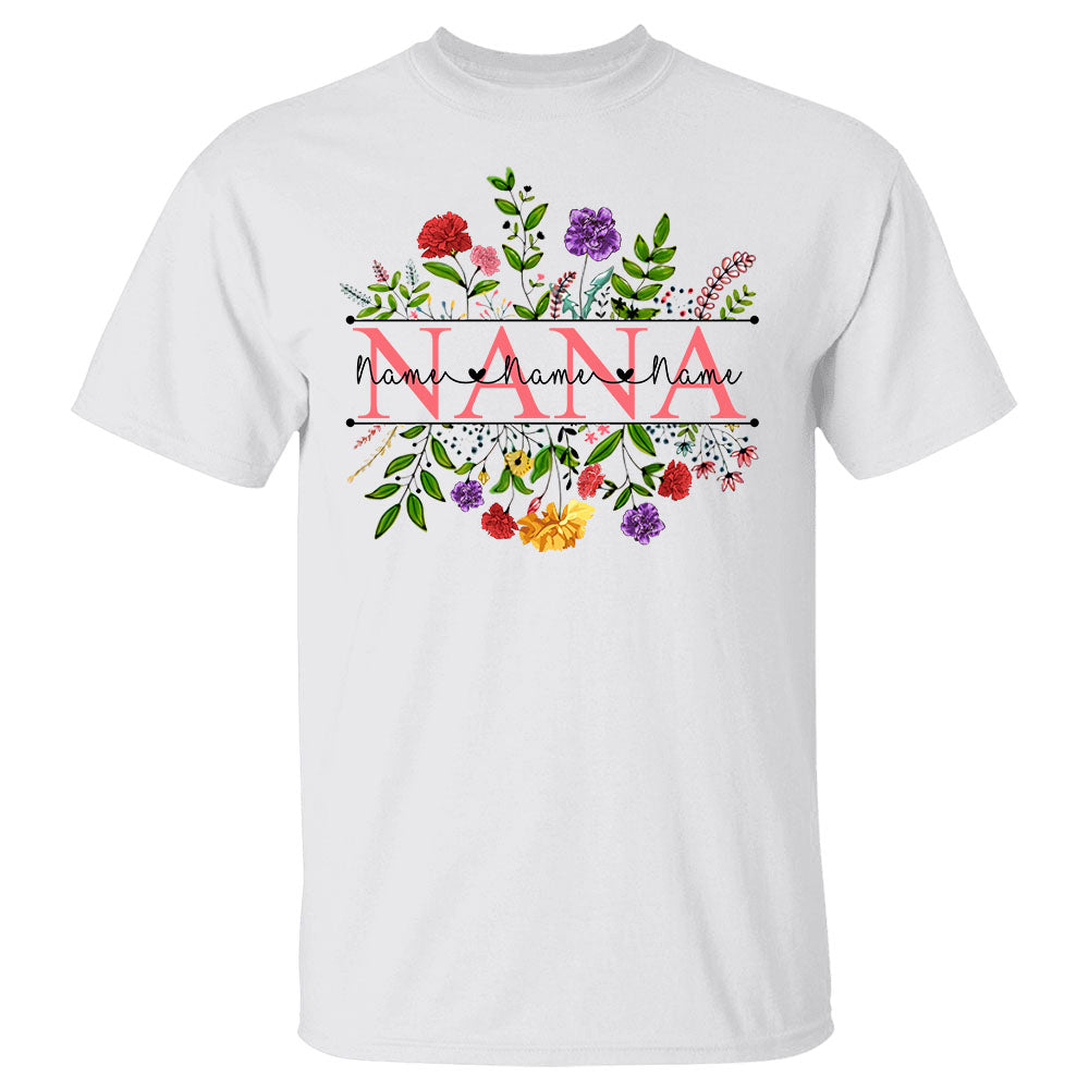 Personalized Nana With Grandkid's Names Carnation Wildflowers Frame Shirt For Grandma