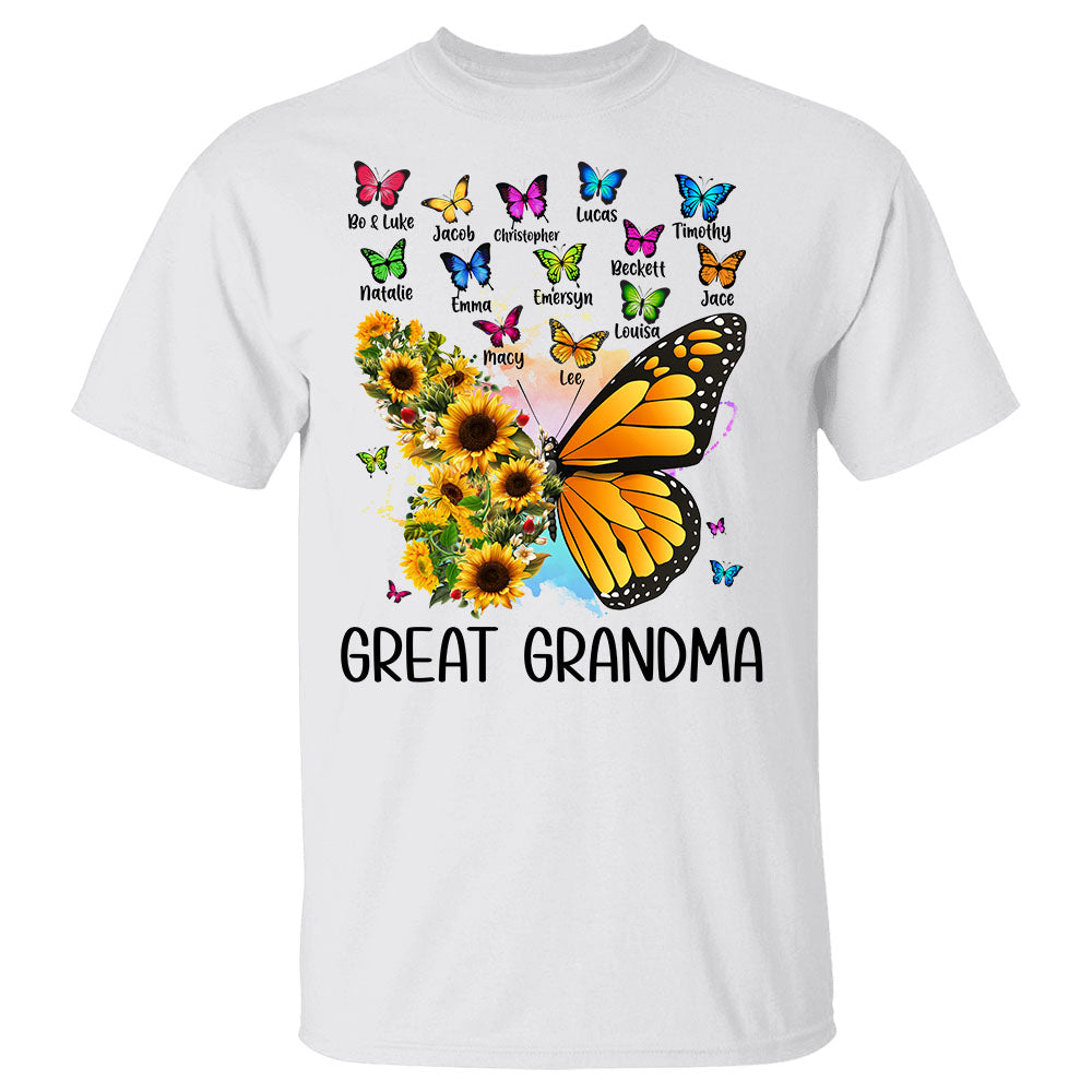 Personalized Butterfly Sunflower Shirt For Grandma - Custom Grandma Nickname With Grandkids Name Shirts