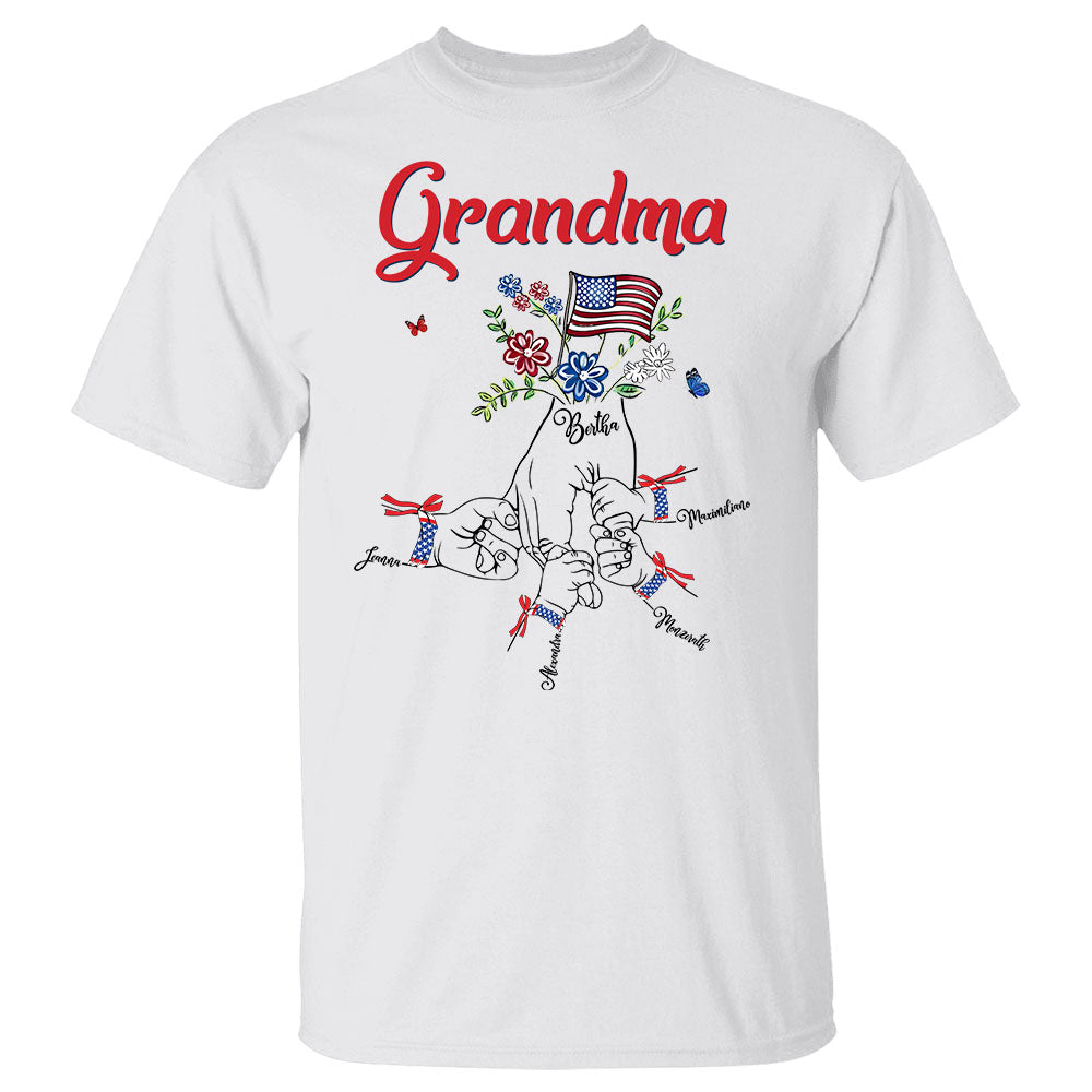 Personalized Grandma Holdings Grandkids's Hands American Flag Independence Day T-Shirt For Grandma