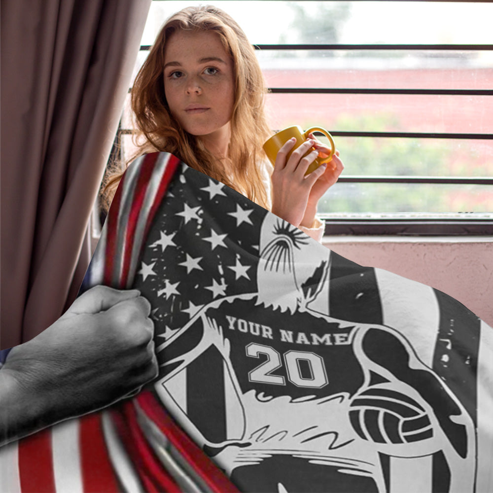 Custom Blanket Gift For Volleyball Player - Personalized Gifts For Volleyball Lovers - Volleyball American Flag Blanket