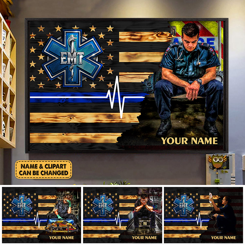 Personalized Poster Canvas For Emt Custom Name Poster Canvas For Emt Half Thin Blue Line H2511