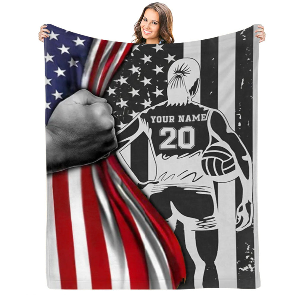 Custom Blanket Gift For Volleyball Player - Personalized Gifts For Volleyball Lovers - Volleyball American Flag Blanket