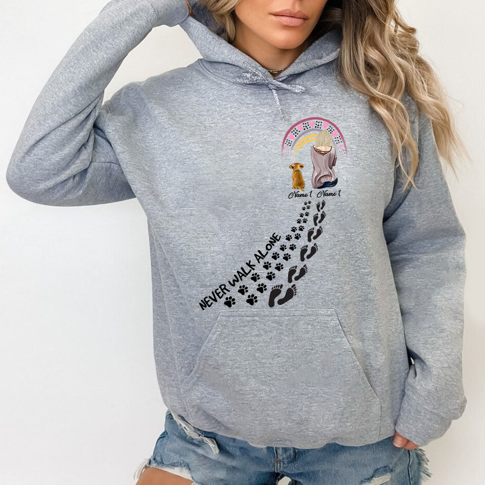 Never Walk Alone Dog And Woman Paw Print Custom Shirt Gift For Dog Mom