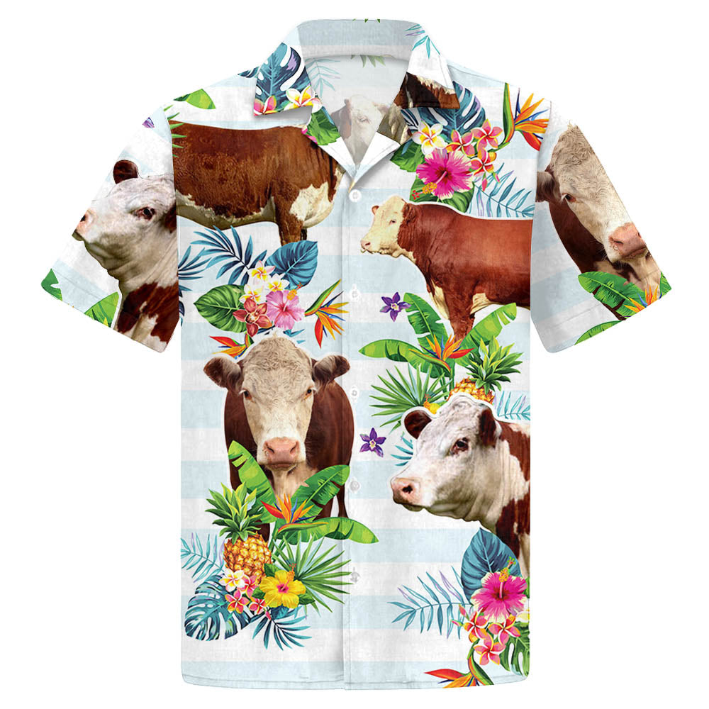 Hereford Cattle Lovers Tropical Flower Hawaiian Shirt