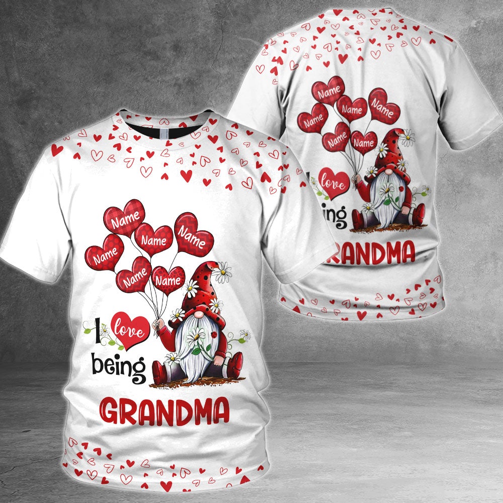 Personalized I Love Being Grandma Gnomes Balloon Hearts 3D Shirt Grandma With Grandkids Name Gnomes 3D All Over Print Shirt Hoodie Zip Hoodie