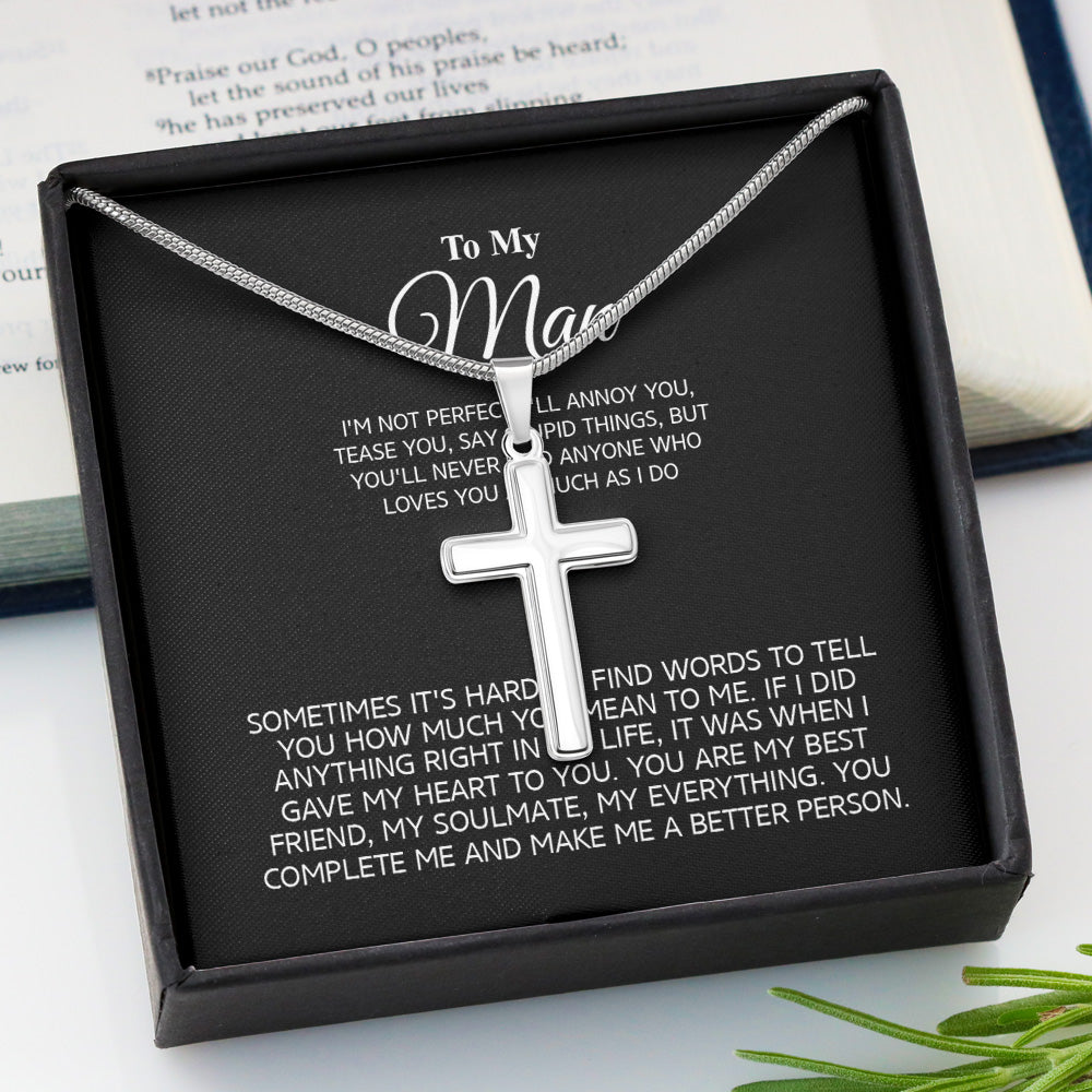 Personalized To My Man Necklace From Girlfriend Wife, Stainless Cross Necklace Gift For Husband Boyfriend I Am Not Perfect I Will Annoy You Men
